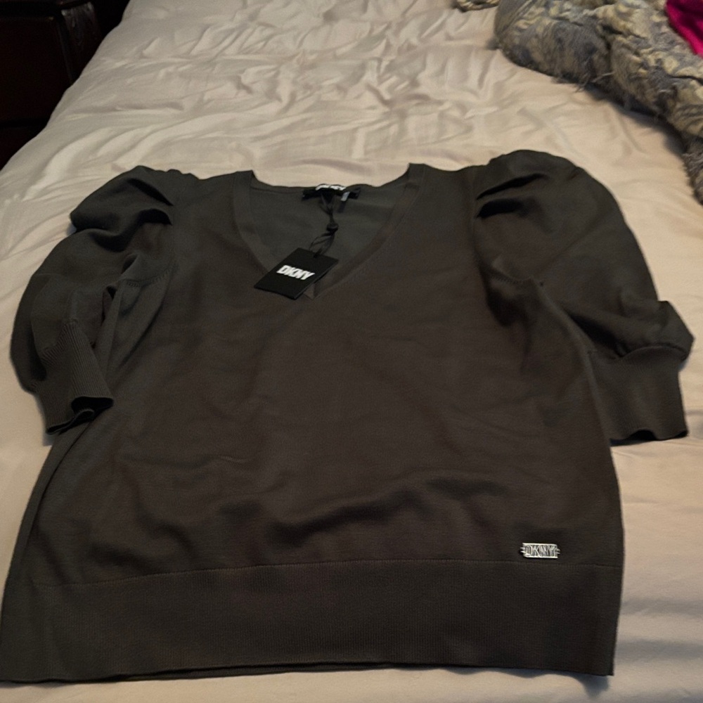 DKNY Charcoal V-Neck Top with Puff Sleeves